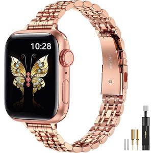 MioHHR Slim Metal Band Compatible with Apple Watch Band 42mm(Series 11 10) 41mm(Series 9 8 7) 40mm(Series 6 5 4 SE3/2/1) 38mm(Series 3 2 1),Stainless Steel iWatch Bands for Women,Rose Gold