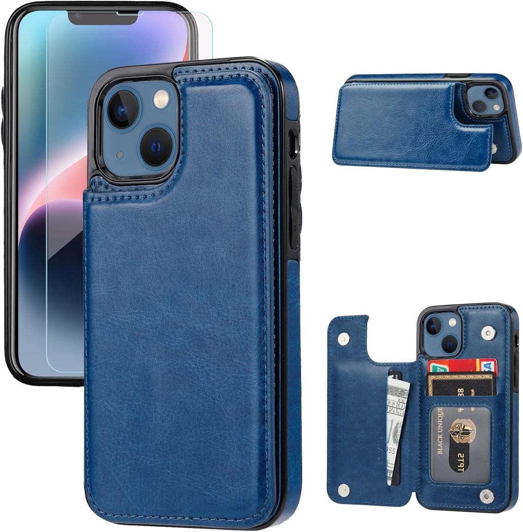 Wallet Case Compatible with iPhone 14, Slim Protective case with Card Holder,Premium PU Leather Kickstand Card Slots Case with a Screen Protective Glass for iPhone 14(6.1")-Deep Blue