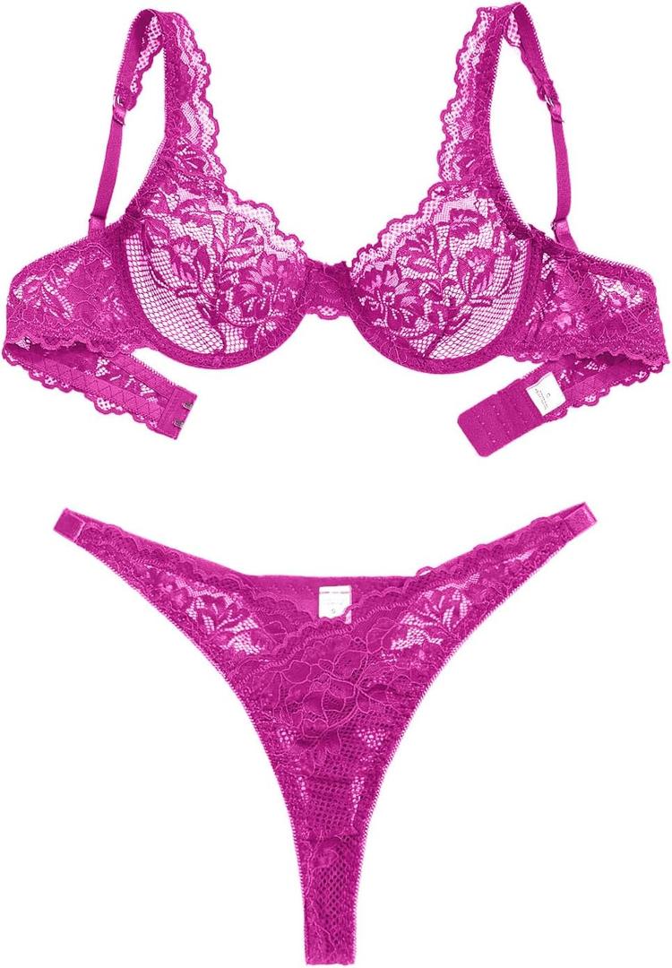 Sexy Scallop Floral Lace Mesh Sheer Underwire Lingerie Set 2 Piece (3X-Large, Hot Pink)