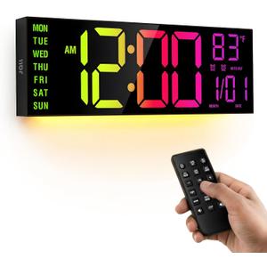 JALL 15.98 inch Large Digital Wall Clock, RGB Lights with Remote Control, Dual Alarms with Big LED Display, Auto DST, C / F Temperature for Classroom, Birthday Gift, Senior