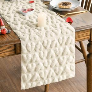 Artoid Mode Beige Soft Plush Faux Fur Jacquard Heart Valentine's Day Table Runner, Seasonal Kitchen Dining Table Decoration for Home Party Decor 13x120 Inch