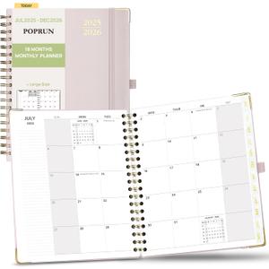 POPRUN Monthly Planner 2025-2026 Spiral Hardcover (8'' x 10''), 18 Months Calendar (Jul.2025 - Dec.2026)- 2 Pages per Month with Dotted Note Pages, Sunday Start, Laminated Tab - Light Pink