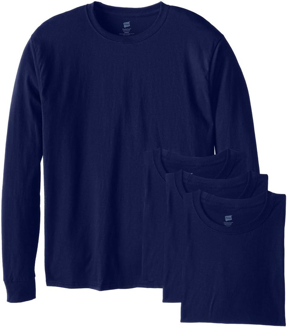 Hanes Men's Essentials Long-Sleeve T-Shirt, Crewneck Cotton T-Shirts for Men, 2-Pack (Medium, Navy - 4 Pack)