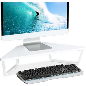 TEAMIX 26 inch White Triangle Monitor Stand Riser, Desktop Corner Shelf with Metal Leg Wood Computer Stand with Storage Laptop Riser Office Organization