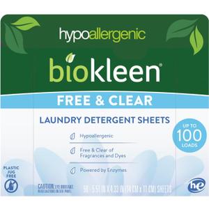 Biokleen Laundry Detergent Sheets - Dye & Fragrance Free, Hypoallergenic, Enzymatic Cleaner, Stain Remover, Bio Active Formula, No Plastic Jug, Unscented, 100 Loads