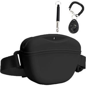 Dog Treat Pouch Kit, Silicone Treat Bag Fanny Pack with Waist Belt Magnetic Closure Pouches for Pet Training Walking, with Dog Clicker and Silent Whistle(Black)
