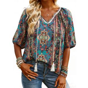 Halife Womens Flowy Boho Summer Tops Tassel Tie Front V Neck Short Sleeve Blouses Dressy Casual Loose Blouse Shirt Top Bohemian (M)