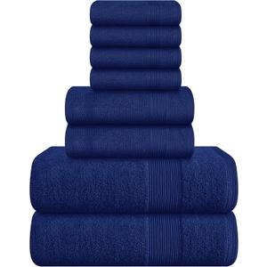Belizzi Home 8 Piece Towel Set 100% Ring Spun Cotton, 2 Bath Towels 27x54, 2 Hand Towels 16x28 and 4 Washcloths 13x13 - Ultra Soft Highly Absorbent Machine Washable Hotel Spa Quality - Navy Blue