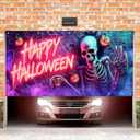Halloween Garage Door Banner 13x6ft Neon Skeleton Decor Happy Halloween Sign Pumpkin Lantern Brick Wall Spider Web Spooky Party Decorations Creepy Backdrop Indoor Outdoor