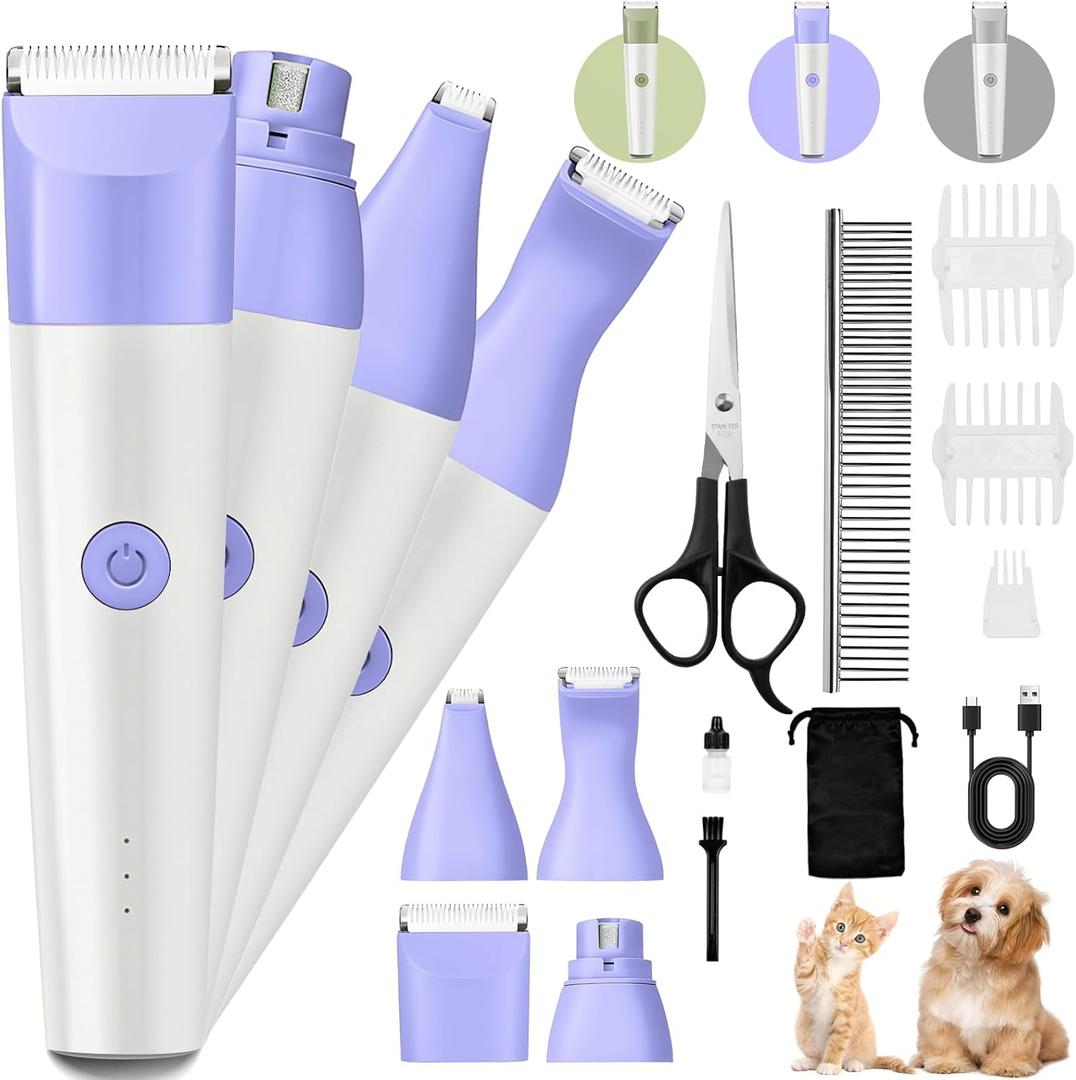 Dog Clippers Grooming Kit, 4 in 1 Quiet Cordless Dog Paw Trimmer & Nail Grinder, Small Cat Clippers Electric Rechargeable Low Noise Pet Shaver for Trimming Hair on Paw Eye Ear Face (Purple)