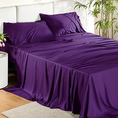 Bedsure King Size Sheets Set, Cooling Sheets for Hot Sleepers, Rayon Derived from Bamboo, PureWoven, Breathable & Soft, Deep Pocket Up to 16 Inches, Hotel Luxury Silky Bedding, Plum