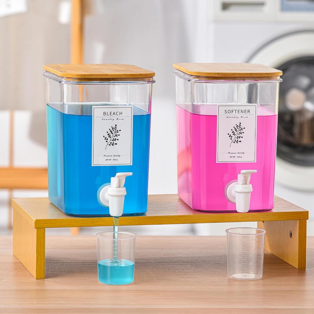 RoleDes Liquid Laundry Detergent Dispenser Set with Shelf and Bamboo Lids for Laundry Room Organization and Storage - 2 Pack 96 oz Laundry Containers for Laundry Soap, Fabric Softener
