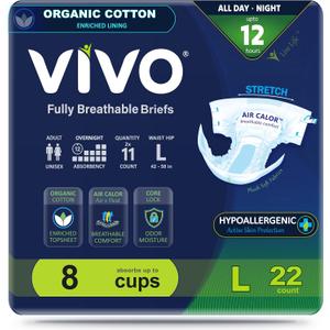 VIVO Organic Cotton Overnight Sensitive Skin Adult Incontinence Diaper Briefs with Tabs, Large 22 Count