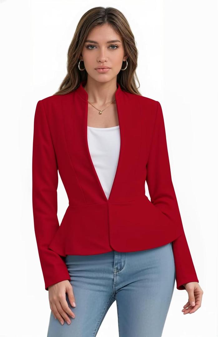 Hybrid & Company Women's Casual Work Office Elegant Open Front Premium Nylon Blazer Jacket (Red, S)