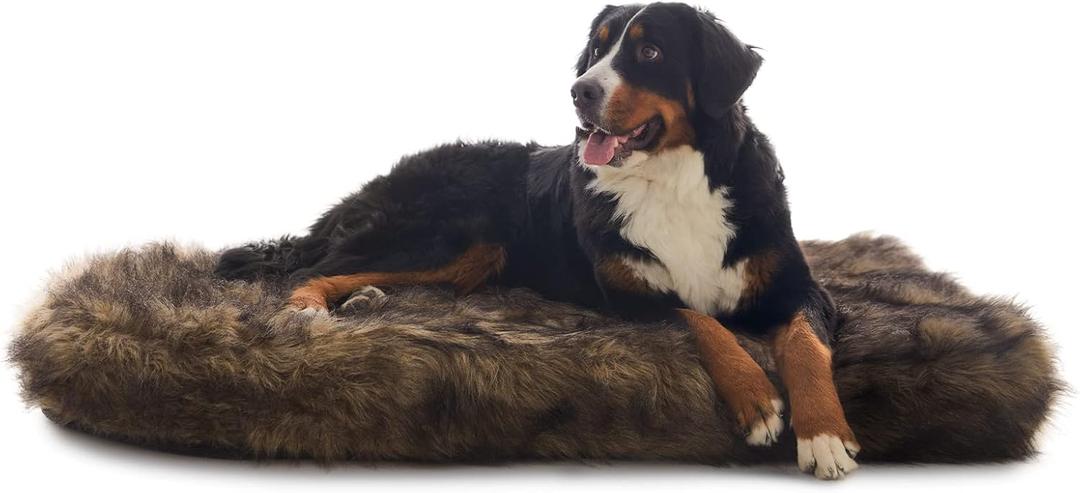 Laifug Large Faux Fur Dog Bed,5-inch Thick Grade Orthopedic Memory Foam Dog Bed(50"x30"x5"),Removable Cover with Anti-Slip Bottom,Waterproof Liner (Brown)