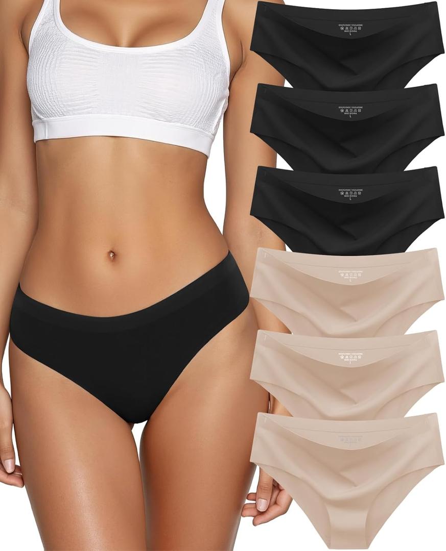 Kiqnsam Seamless Underwear for Women No Show Hipster Bikini Panties Low Rise Cheeky Breathable Soft Invisible Briefs 6 Pack (US, Alpha, Medium, Regular, Regular, 3color&3black)