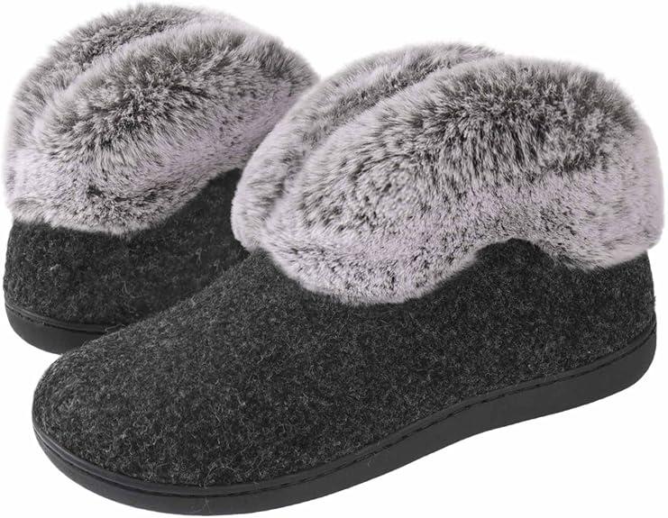 Women's Memory Foam House Slippers with Hard Bottom, Fur Lined House Shoes with Non-Slip Rubber Sole for Indoor & Outdoor (Bootie Black, Size 9)