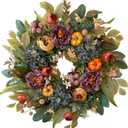 WANNA-CUL 24 Inch Spring Fall Wreaths for Front Door with Blue Hydrangea, Fall Wreath with Purple,Orange Peony-Fall Decoration for Home-Fall Decor Door Wreath for Valentines Day Mothers Day Autumn
