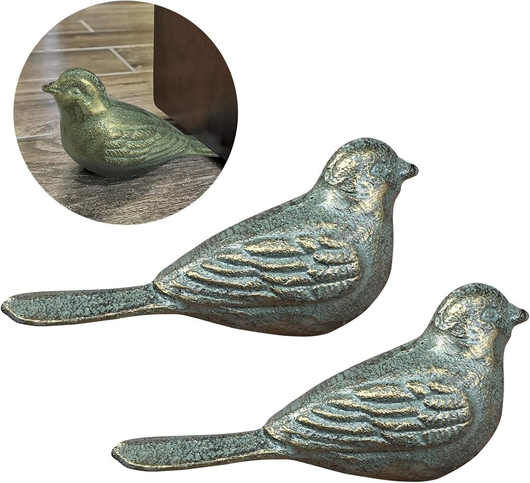 Door Stopper Security Floor Decorative Cute Bird Heavy Duty Cast Iron Door Stop, 2 Pack Door Stops Wedge Antique Gold-Green