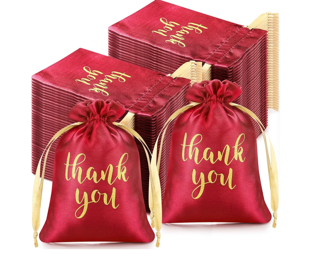 Roowest 100 Pcs Thank You Satin Gift Bags Drawstring Jewelry Candy Pouches for Wedding Bridal Shower Baby Shower Favor Drawstring Bag for Birthday Holiday Party(4 x 6 Inch,Red)