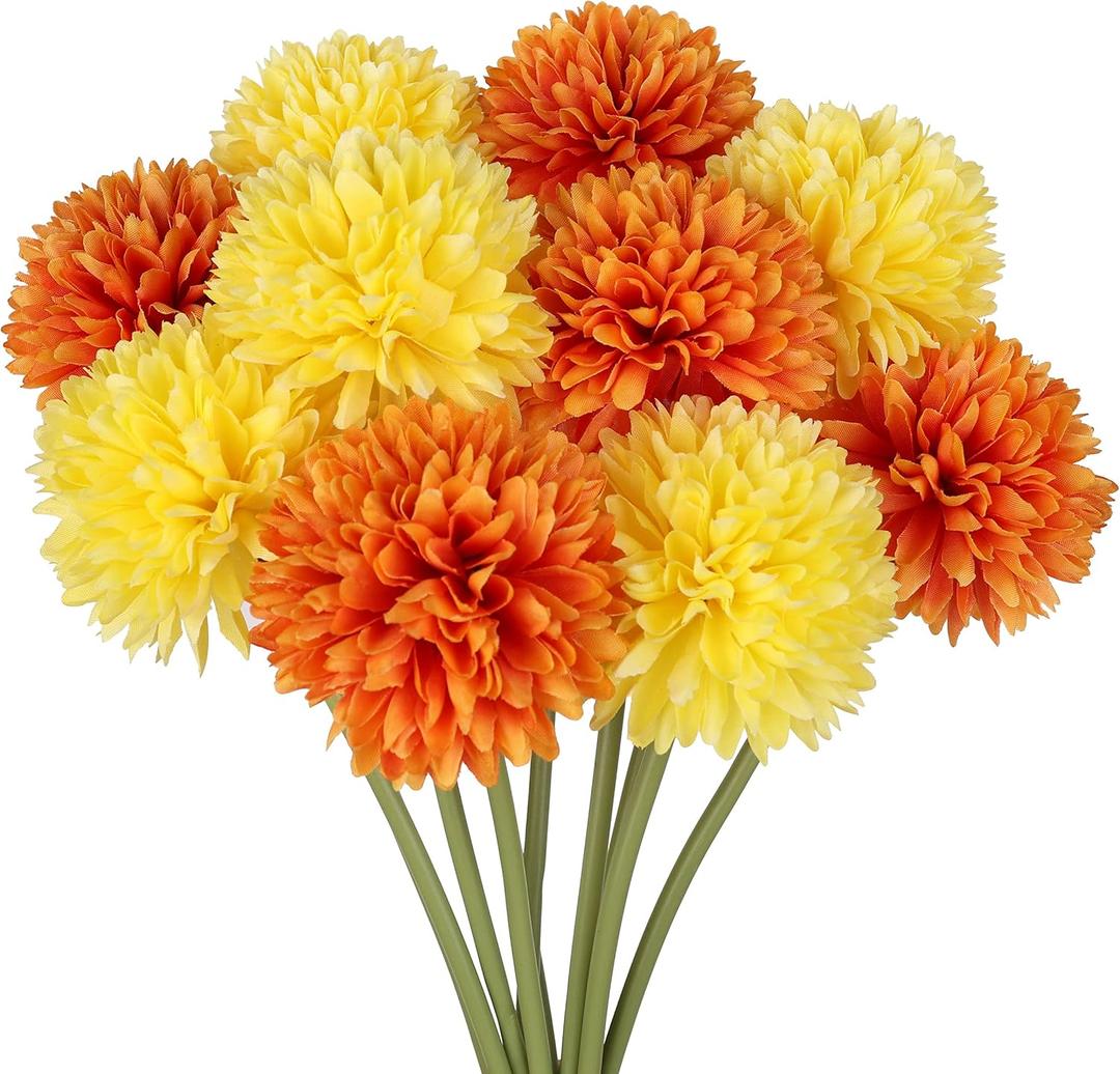 Artificial Flowers, 12Pcs Fake Flowers Silk Artificial Chrysanthemum Ball Hydrangea Bridal Wedding Bouquet for Home Garden Party Wedding Decor (Yellow,Orange, 10 Pcs)