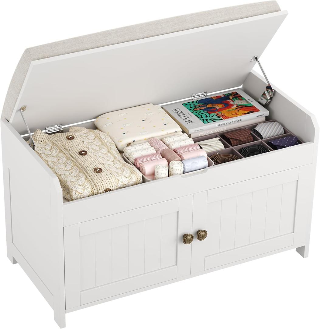 HOMEFORT 30" Shoe Bench with Lift Top Storage, Entryway Bench with Cushioned Seat, Wooden End of Bed Bench, Shoe Cabinet Bench with Hidden Storage Space, for Bedroom, Hallway,White (30"Wx14.9"D x18.1"H)