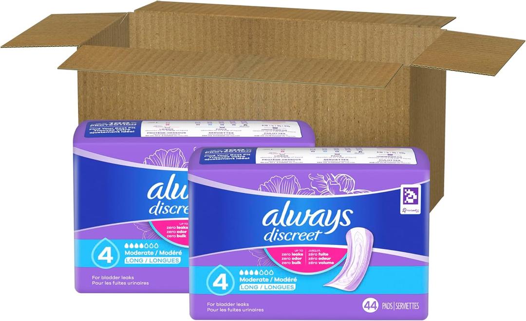 Always Discreet Adult Incontinence & Postpartum Liners For Women, Size 4, Very Light Absorbency, Long Length, 44 Count 