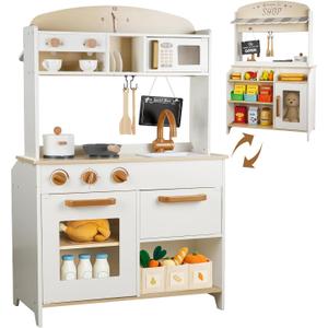 Dual-Sided Play Kitchen for Kids Toddlers, 2-in-1 Grocery Store&Wooden Toy Kitchen Set with Coffee Machine,Pretend Kitchen Play Set with Microwave, Oven, Gift for Boys Girls