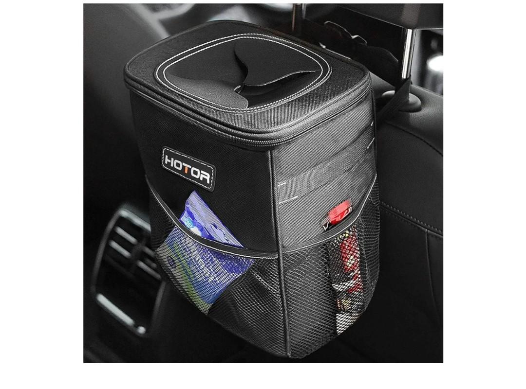 HOTOR Car Trash Can with Lid and Storage Pockets - 100% Leak-Proof Organizer, Waterproof Garbage Can, Multipurpose Trash Bin for Car, 2 Gallons, Black