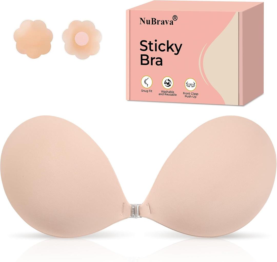 Strapless Sticky Bra Push Up for Women, Adhesive Silicone No Show Bra for Backless Dress, Invisible Reusable V Shape, C