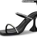 Women's Rhinestone Sandals Lace Up Slingback Square Open Toe Heels Sparkling Sandals with Stiletto Buckle Strap for Dress Party Prom Wedding High Heeled Shoes