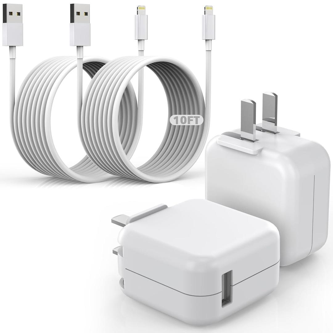 10 Feet Charger for iPad iPhone,2Pack Foldable Portable Travel Plug,Fast Charging Cube 12W Foldable Block with 2Pack 10FT Long USB to Lightning Cable,Fast Charging for iPhone, iPad/mini/Air,AirPods