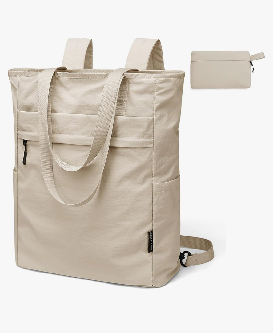 GOLF SUPAGS Foldaway Convertible Tote Backpack Lightweight Nylon Daypack for Women Men City Pack Versatile Backpack for Leisure Travel, Apricot