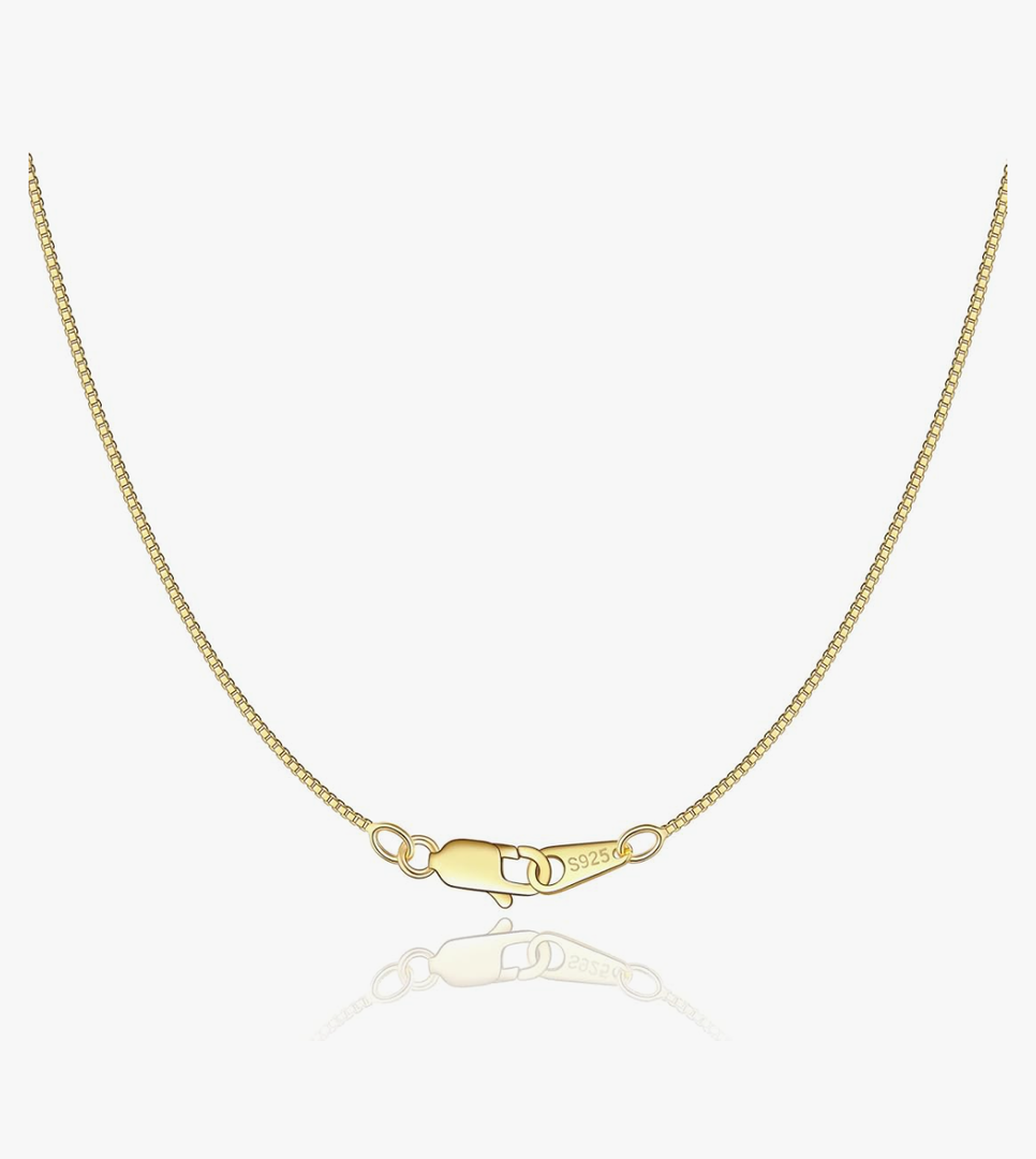 Jewlpire Solid 18K Gold Over 925 Sterling Silver Chain Necklace for Women Girls, 0.8mm Box Chain Lobster Claw Clasp-Super Thin & Strong Necklace Chain 18 Inch