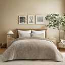 EverGrace Velvet Quilt Set Queen Size, Luxurious Soft Striped Channel Bedding Set, Lightweight Velvet Comforter for All Season, Oversized Bedspread Coverlet with 2 Matching Shams, Beige Taupe