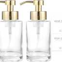 Foaming Soap Dispenser Set, 12 Oz Glass Hand Soap Dispenser with 304 Rust Proof Stainless Steel Pump, Waterproof Labels, for Bathroom Decor Kitchen College Dorm, Clear Gold Pump 2 Pack