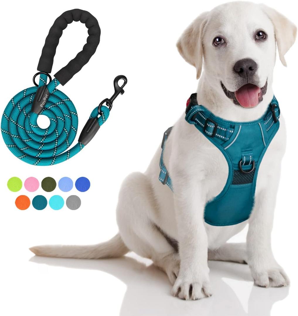 PoyPet No Pull Dog Harness and 5 Feet Leash Set, Release on Neck Reflective Adjustable Pet Vest, Front & Back 2 D-Ring and Soft Padded Pet Harness with Handle for Small to Large Dogs(Tumalo Teal,M) PoyPet No Pull Dog Harness and 5 Feet Leash Set, Release on Neck Reflective Adjustable Pet Vest, Front & Back 2 D-Ring and Soft Padded Pet Harness with Handle for Small to Large Dogs(Tumalo Teal,M)