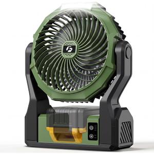 Battery Operated Fan for Dewalt 20V Max Battery, 5.7m/s High Speed Rechargeable Portable Fan with USB Powered & 4 Speed & 2 Light for Camping, Workshop, Garage, Jobsite (Not Included Battery) - Green