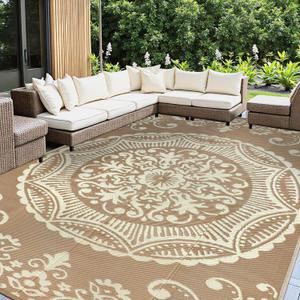 Capslpad Outdoor Rug 9x12 Patio Waterproof Boho Floral Plastic Straw Rug Large Foldable Vintage Outside Carpet with Carry Bag for RV Backyard Balcony Bench Picnic Porch, Beige