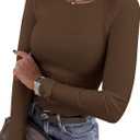 PRETTYGARDEN Women 2026 Fall Clothes Long Sleeve Shirts Ribbed Knit Fitted Basic Tee Going Out Tops Underscrub Casual Outfits (Large, Brown)
