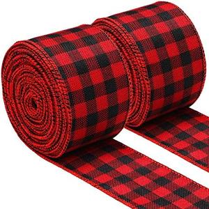 Boao 2 Rolls 2.5 Inch Wide Red Black Buffalo Plaid Ribbon Christmas Wired Ribbon for Christmas Tree Wreath Gift Wrapping, 39.3 ft