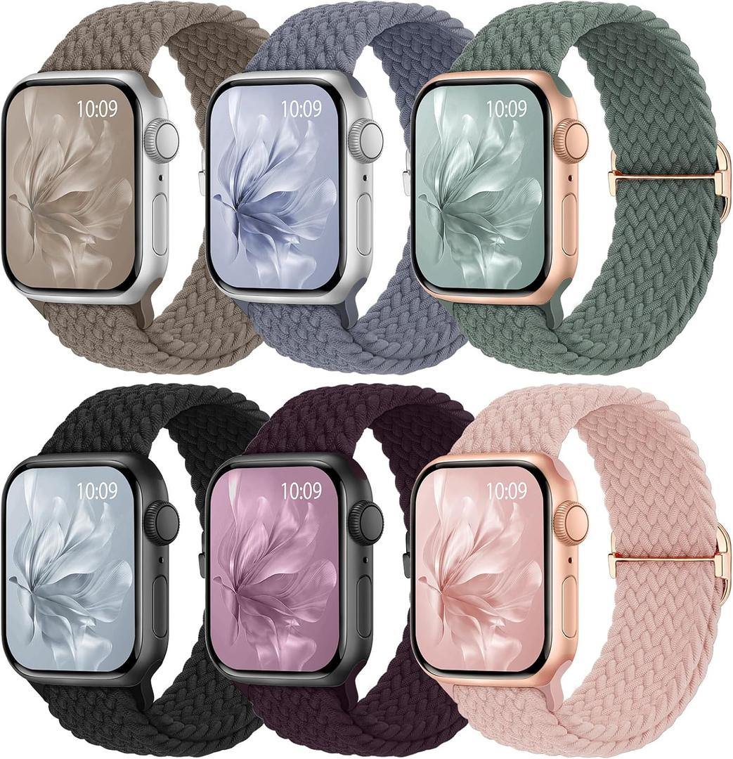 6 Pack Braided Stretchy Bands Compatible with Apple Watch Band 38mm 40mm 41mm 42mm 44mm 45mm 46mm 49mm Women Men, Adjustable Nylon Solo Loop Elastic Straps for iWatch Series 11 10 9 8 7 6 5 4 SE Ultra