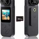1.5Screen Mini Body Camera Video Recording with 64GB Memory Card,1080P Wearable Personal Bodycam with 180 Rotating Lens Night Vision Motion Detection, Body Worn Camcorder for Travel/Outdoor/Work