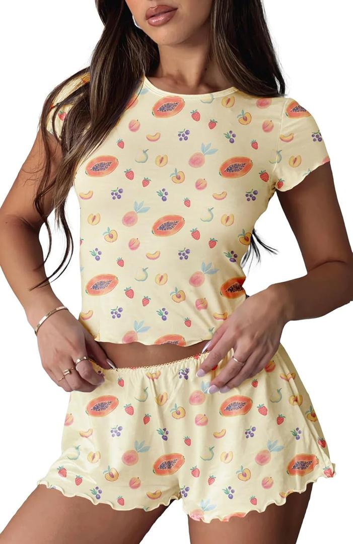 Cioatin Women 2 Pieces Pajama Sets Y2K Summer Floral Fruit Print Lounge Set Short Sleeve Crop Tops and Shorts Sleepwear (S)