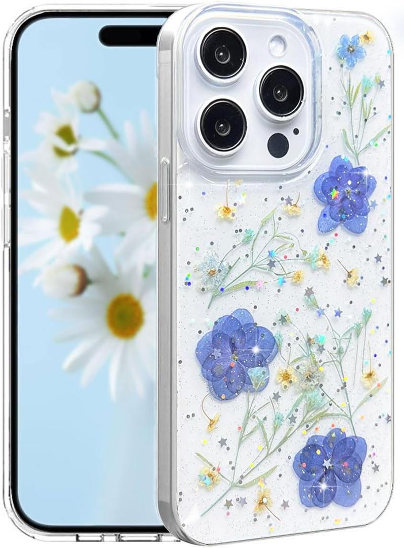 for iPhone 15 Pro Case Cute Clear with Real Pressed Flowers Design Glitter Sparkly Blue Dried Floral Slim Soft TPU Protective Women Girl's Phone Cover for iPhone 15Pro(Glitter Violet)