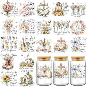 Bible Verse UV DTF Decals - 20 Sheets Christianity Motivational Quotes Uvdtf Cup Wraps for 16 oz Glass Mug, Cross Flower Butterfly Transfer Sticker DIY Water Bottle Craft Decor Religious Gifts for Mom