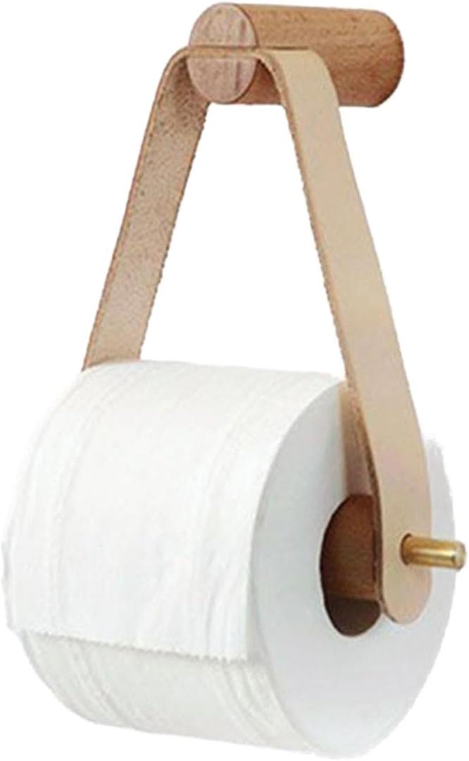 Wood & Leather Wall Toilet Paper Holder, Rustic Tissue Rolls Paper Holder Wall Mounted, Graceful and Natural Bathroom Accessories with Self-Adhesive Seamless Screw (Off-White)