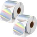 Kosiz 1000 Labels/ 2 Rolls Silver Holographic Thermal Sticker Labels Self Adhesive Printable Thermal Labels Rainbow Stickers for DIY Logo Design QR Code Name Tag (Holographic Round Style, 2")