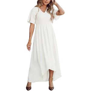 Zattcas Womens 2023 Smocked Maxi Dress Short Sleeve Vneck Casual Summer High Low Flowy Long Dress, White, Medium