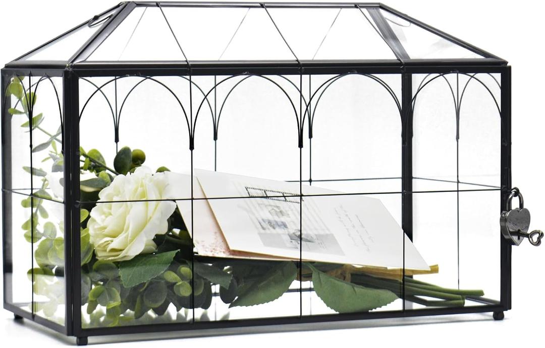 LargeBlack and Glass Card Box for wedding with Lock and Slot - Wedding Envelope Card Holder for Reception Clear Lock Box with Key Geometric Handmade Vintage Card Box for Wedding Party (Large-Black)